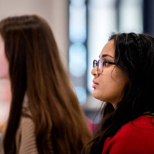 Grand Valley student, Rachael Eapen, listens to speakers during the Women of the Cloud conference April 1.